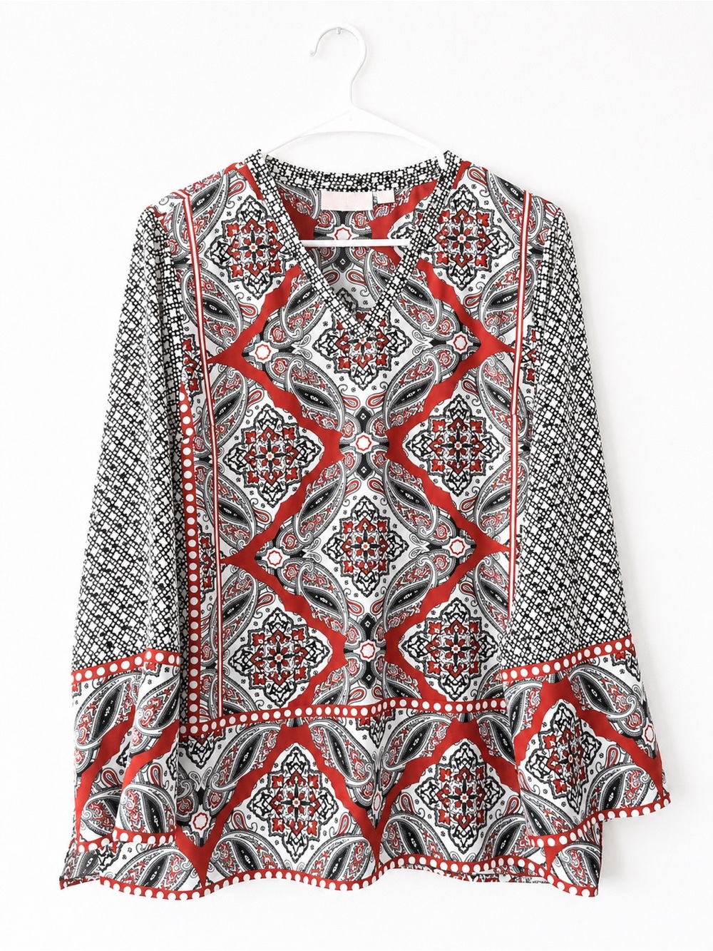 Belle by Kim Gravel Red, Black and White Paisley V-Neck Tunic